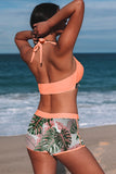 LC433633-10-XS, LC433633-10-S, LC433633-10-M, LC433633-10-L, LC433633-10-XL, Pink Women's Tropical Leaf Print Halter Bikini Swimsuit with Boardshorts