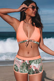 LC433633-10-XS, LC433633-10-S, LC433633-10-M, LC433633-10-L, LC433633-10-XL, Pink Women's Tropical Leaf Print Halter Bikini Swimsuit with Boardshorts