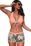 LC433633-10-XS, LC433633-10-S, LC433633-10-M, LC433633-10-L, LC433633-10-XL, Pink Women's Tropical Leaf Print Halter Bikini Swimsuit with Boardshorts