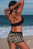 LC433633-20-XS, LC433633-20-S, LC433633-20-M, LC433633-20-L, LC433633-20-XL, Leopard Women's Tropical Leaf Print Halter Bikini Swimsuit with Boardshorts