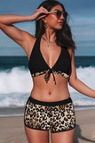 LC433633-20-XS, LC433633-20-S, LC433633-20-M, LC433633-20-L, LC433633-20-XL, Leopard Women's Tropical Leaf Print Halter Bikini Swimsuit with Boardshorts