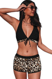 LC433633-20-XS, LC433633-20-S, LC433633-20-M, LC433633-20-L, LC433633-20-XL, Leopard Women's Tropical Leaf Print Halter Bikini Swimsuit with Boardshorts