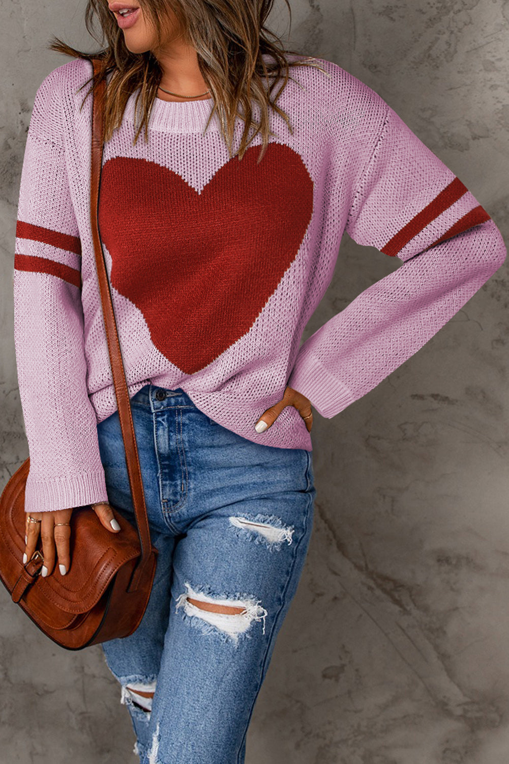 LC2722799-10-S, LC2722799-10-M, LC2722799-10-L, LC2722799-10-XL, Pink Valentine's Day Tops for Women Heart Graphic Wide Sleeves Sweater