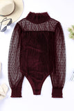 LC6421176-3-S, LC6421176-3-M, LC6421176-3-L, LC6421176-3-XL, Red Women's Sheer Dotty Long Sleeve Ribbed Mesh Velvet Bodysuit