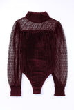LC6421176-3-S, LC6421176-3-M, LC6421176-3-L, LC6421176-3-XL, Red Women's Sheer Dotty Long Sleeve Ribbed Mesh Velvet Bodysuit