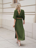 LC6114159-109-S, LC6114159-109-M, LC6114159-109-L, LC6114159-109-XL, Army Green   Womens Boho V Neck Maxi Dress with High Slit
