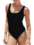 LC415778-2-S, LC415778-2-M, LC415778-2-L, LC415778-2-XL, Black Tankini Swimsuits for Women Ruched High Cut Cheeky Bikini Bottom Two Piece Bathing Suits