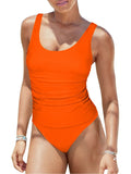 LC415778-14-S, LC415778-14-M, LC415778-14-L, LC415778-14-XL, Orange Tankini Swimsuits for Women Ruched High Cut Cheeky Bikini Bottom Two Piece Bathing Suits