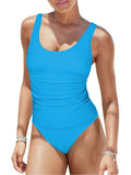 LC415778-104-S, LC415778-104-M, LC415778-104-L, LC415778-104-XL, Azure Blue Tankini Swimsuits for Women Ruched High Cut Cheeky Bikini Bottom Two Piece Bathing Suits