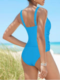 LC415778-104-S, LC415778-104-M, LC415778-104-L, LC415778-104-XL, Azure Blue Tankini Swimsuits for Women Ruched High Cut Cheeky Bikini Bottom Two Piece Bathing Suits