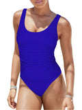 LC415778-205-S, LC415778-205-M, LC415778-205-L, LC415778-205-XL, Sapphire Blue Tankini Swimsuits for Women Ruched High Cut Cheeky Bikini Bottom Two Piece Bathing Suits