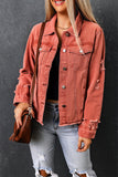 LC8511504-3-S, LC8511504-3-M, LC8511504-3-L, LC8511504-3-XL, LC8511504-3-2XL, Red Women's Jean Jacket Long Sleeve Lapel Distressed Raw Hem Buttons Denim Coat