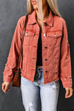 LC8511504-3-S, LC8511504-3-M, LC8511504-3-L, LC8511504-3-XL, LC8511504-3-2XL, Red Women's Jean Jacket Long Sleeve Lapel Distressed Raw Hem Buttons Denim Coat