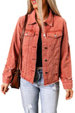 LC8511504-3-S, LC8511504-3-M, LC8511504-3-L, LC8511504-3-XL, LC8511504-3-2XL, Red Women's Jean Jacket Long Sleeve Lapel Distressed Raw Hem Buttons Denim Coat