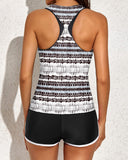 LC415772-2-S, LC415772-2-M, LC415772-2-L, LC415772-2-XL, LC415772-2-2XL, Black 3 Piece Swimsuits for Women Printed Sporty Racerback Tankini Swimsuit