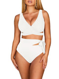 LC433735-1-S, LC433735-1-M, LC433735-1-L, LC433735-1-XL, White Women's Bikini Swimsuit Front Cross Cut Out Tie Two Piece Bathing Suit