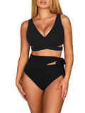 LC433735-2-S, LC433735-2-M, LC433735-2-L, LC433735-2-XL, Black Women's Bikini Swimsuit Front Cross Cut Out Tie Two Piece Bathing Suit