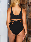 LC433735-2-S, LC433735-2-M, LC433735-2-L, LC433735-2-XL, Black Women's Bikini Swimsuit Front Cross Cut Out Tie Two Piece Bathing Suit