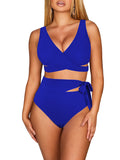 LC433735-205-S, LC433735-205-M, LC433735-205-L, LC433735-205-XL, Sapphire Blue Women's Bikini Swimsuit Front Cross Cut Out Tie Two Piece Bathing Suit