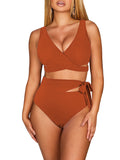 LC433735-1017-S, LC433735-1017-M, LC433735-1017-L, LC433735-1017-XL, Chestnut Women's Bikini Swimsuit Front Cross Cut Out Tie Two Piece Bathing Suit