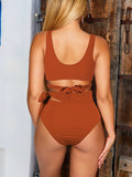 LC433735-1017-S, LC433735-1017-M, LC433735-1017-L, LC433735-1017-XL, Chestnut Women's Bikini Swimsuit Front Cross Cut Out Tie Two Piece Bathing Suit