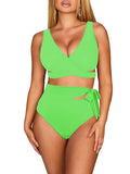 LC433735-3609-S, LC433735-3609-M, LC433735-3609-L, LC433735-3609-XL, Fluorescent Green Women's Bikini Swimsuit Front Cross Cut Out Tie Two Piece Bathing Suit