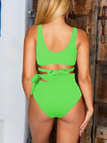 LC433735-3609-S, LC433735-3609-M, LC433735-3609-L, LC433735-3609-XL, Fluorescent Green Women's Bikini Swimsuit Front Cross Cut Out Tie Two Piece Bathing Suit