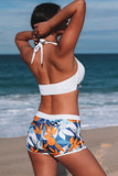 LC433633-1-XS, LC433633-1-S, LC433633-1-M, LC433633-1-L, LC433633-1-XL, White Women's Tropical Leaf Print Halter Bikini Swimsuit with Boardshorts