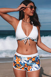 LC433633-1-XS, LC433633-1-S, LC433633-1-M, LC433633-1-L, LC433633-1-XL, White Women's Tropical Leaf Print Halter Bikini Swimsuit with Boardshorts