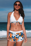LC433633-1-XS, LC433633-1-S, LC433633-1-M, LC433633-1-L, LC433633-1-XL, White Women's Tropical Leaf Print Halter Bikini Swimsuit with Boardshorts