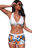 LC433633-1-XS, LC433633-1-S, LC433633-1-M, LC433633-1-L, LC433633-1-XL, White Women's Tropical Leaf Print Halter Bikini Swimsuit with Boardshorts