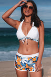 LC433633-1-XS, LC433633-1-S, LC433633-1-M, LC433633-1-L, LC433633-1-XL, White Women's Tropical Leaf Print Halter Bikini Swimsuit with Boardshorts