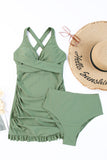 LC415776-9-S, LC415776-9-M, LC415776-9-L, LC415776-9-XL, LC415776-9-2XL, Green Women Criss Cross Back Tie Ruched Ruffled Tankini Bathing Suit with Shorts