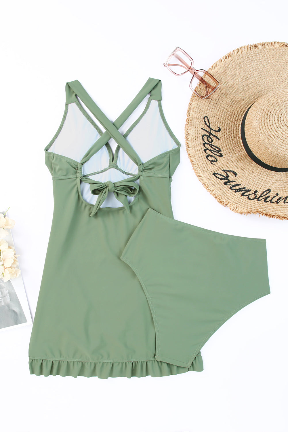 LC415776-9-S, LC415776-9-M, LC415776-9-L, LC415776-9-XL, LC415776-9-2XL, Green Women Criss Cross Back Tie Ruched Ruffled Tankini Bathing Suit with Shorts