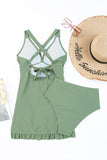 LC415776-9-S, LC415776-9-M, LC415776-9-L, LC415776-9-XL, LC415776-9-2XL, Green Women Criss Cross Back Tie Ruched Ruffled Tankini Bathing Suit with Shorts