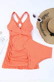 LC415776-14-S, LC415776-14-M, LC415776-14-L, LC415776-14-XL, LC415776-14-2XL, Orange Women Criss Cross Back Tie Ruched Ruffled Tankini Bathing Suit with Shorts