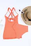 LC415776-14-S, LC415776-14-M, LC415776-14-L, LC415776-14-XL, LC415776-14-2XL, Orange Women Criss Cross Back Tie Ruched Ruffled Tankini Bathing Suit with Shorts