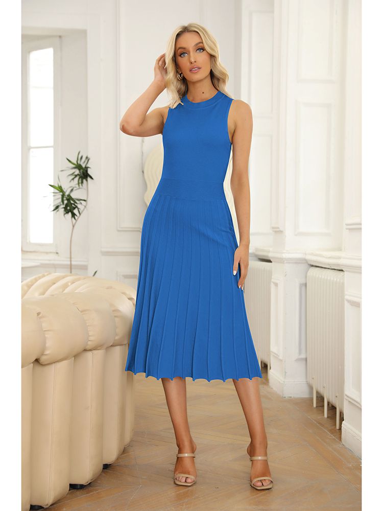 LC273384-5-S, LC273384-5-M, LC273384-5-L, LC273384-5-XL, Blue Women's Knit Tank Dresses Vacation Sleeveless Ribbed Swing Party Midi Dresses