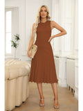 LC273384-17-S, LC273384-17-M, LC273384-17-L, LC273384-17-XL, Brown Women's Knit Tank Dresses Vacation Sleeveless Ribbed Swing Party Midi Dresses