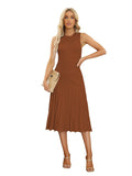 LC273384-17-S, LC273384-17-M, LC273384-17-L, LC273384-17-XL, Brown Women's Knit Tank Dresses Vacation Sleeveless Ribbed Swing Party Midi Dresses