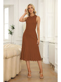 LC273384-17-S, LC273384-17-M, LC273384-17-L, LC273384-17-XL, Brown Women's Knit Tank Dresses Vacation Sleeveless Ribbed Swing Party Midi Dresses