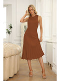 LC273384-17-S, LC273384-17-M, LC273384-17-L, LC273384-17-XL, Brown Women's Knit Tank Dresses Vacation Sleeveless Ribbed Swing Party Midi Dresses