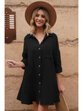 LC6113665-2-S, LC6113665-2-M, LC6113665-2-L, LC6113665-2-XL, Black Women's V Neck Long Sleeve Shirt Dress Button Down Tunic Top Casual Blouse