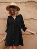 LC6113665-2-S, LC6113665-2-M, LC6113665-2-L, LC6113665-2-XL, Black Women's V Neck Long Sleeve Shirt Dress Button Down Tunic Top Casual Blouse