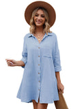 LC6113665-4-S, LC6113665-4-M, LC6113665-4-L, LC6113665-4-XL, Sky Blue Women's V Neck Long Sleeve Shirt Dress Button Down Tunic Top Casual Blouse