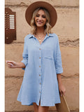 LC6113665-4-S, LC6113665-4-M, LC6113665-4-L, LC6113665-4-XL, Sky Blue Women's V Neck Long Sleeve Shirt Dress Button Down Tunic Top Casual Blouse