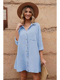 LC6113665-4-S, LC6113665-4-M, LC6113665-4-L, LC6113665-4-XL, Sky Blue Women's V Neck Long Sleeve Shirt Dress Button Down Tunic Top Casual Blouse