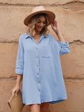 LC6113665-4-S, LC6113665-4-M, LC6113665-4-L, LC6113665-4-XL, Sky Blue Women's V Neck Long Sleeve Shirt Dress Button Down Tunic Top Casual Blouse