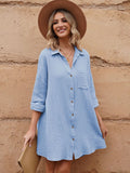 LC6113665-4-S, LC6113665-4-M, LC6113665-4-L, LC6113665-4-XL, Sky Blue Women's V Neck Long Sleeve Shirt Dress Button Down Tunic Top Casual Blouse