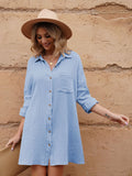 LC6113665-4-S, LC6113665-4-M, LC6113665-4-L, LC6113665-4-XL, Sky Blue Women's V Neck Long Sleeve Shirt Dress Button Down Tunic Top Casual Blouse